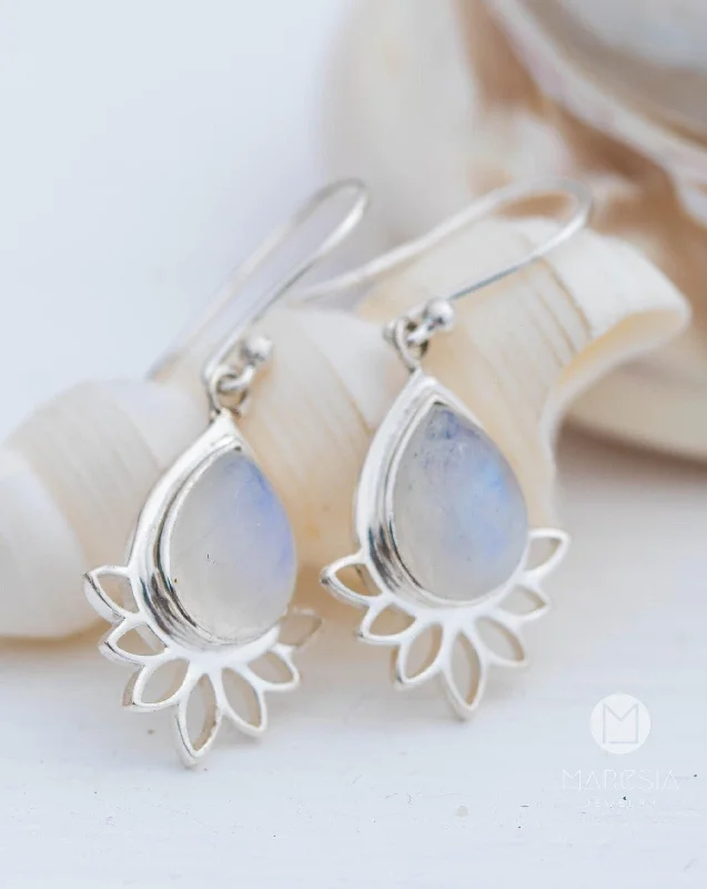 Lotus flower Turquoise or Moonstone Earrings ~  Sterling Silver 925 ~ ME155A