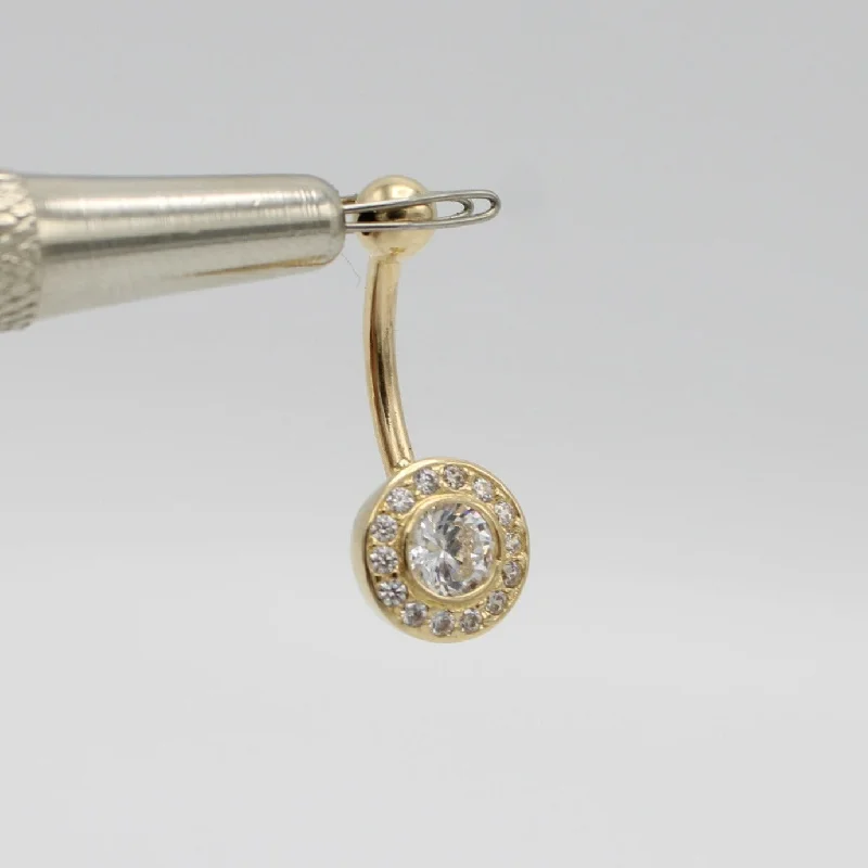 14K Round Belly Piercing Cz Stones Yellow Gold