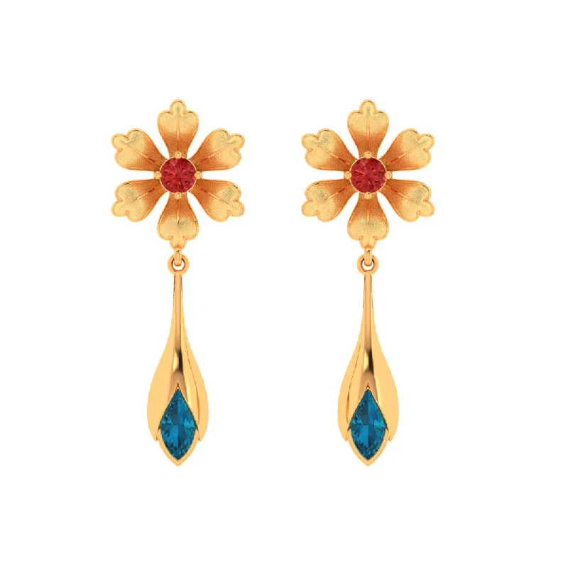 14k Floral Style Blue And Red Stones Earrings