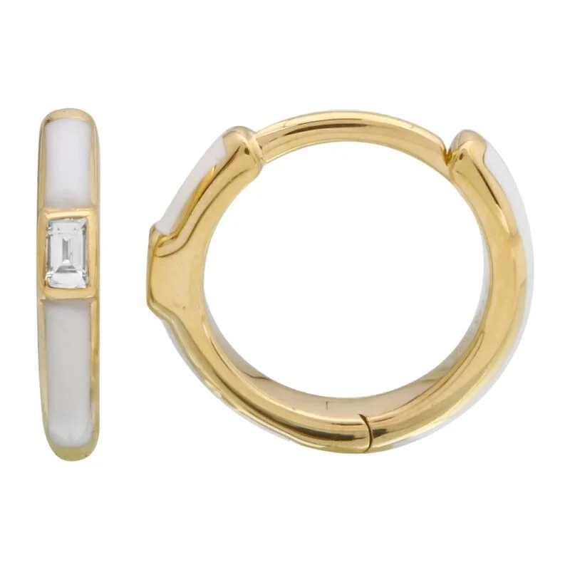 Joelle Diamond & White Enamel Huggie Hoop Earrings 14K Yellow Gold