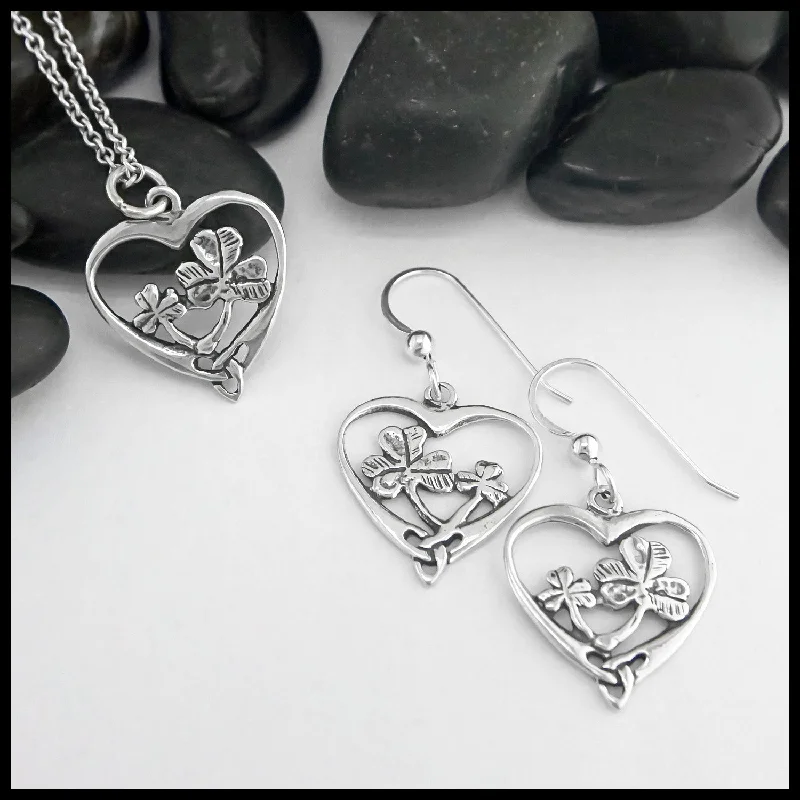 Shamrock Celtic Heart Pendant and Earrings Set