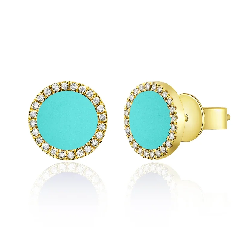 Joelle Diamond & Turquoise Circle Disc Studs Earrings 14K Gold 1/10ct TDW