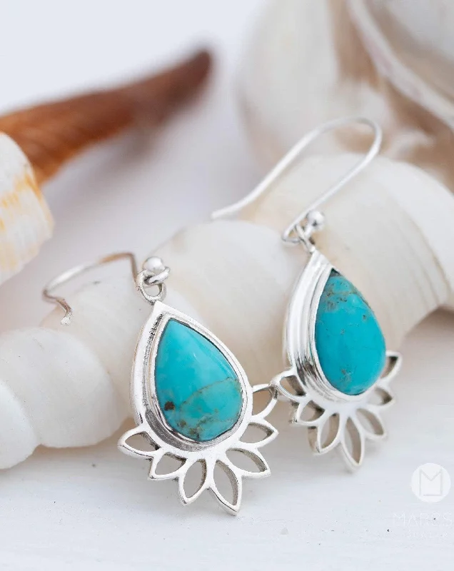 Lotus flower Turquoise or Moonstone Earrings ~ Sterling Silver 925 ~ ME155