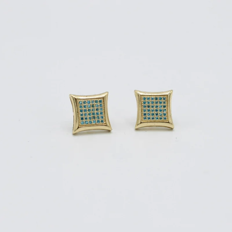 14K Square Men's Earring Cz Blue Stones