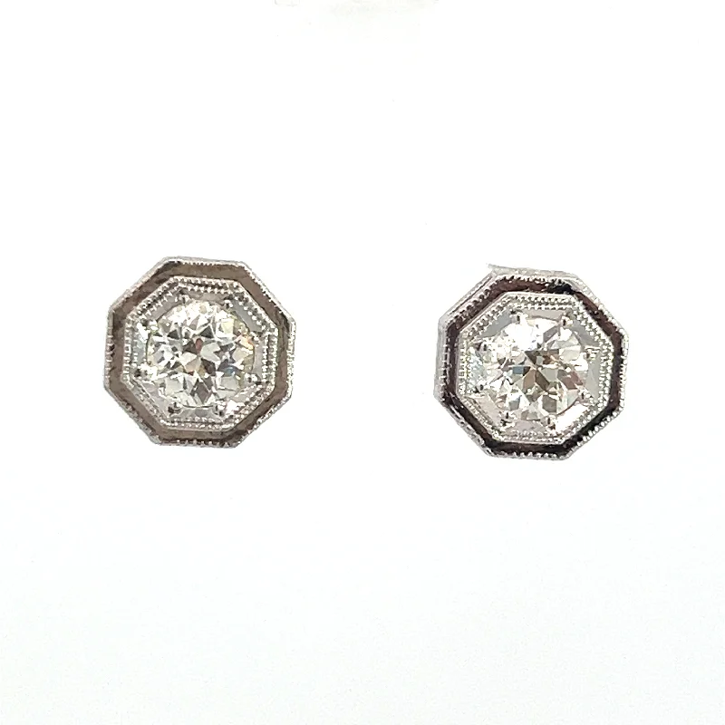 Art Deco Platinum Topped & 14kt White Gold 1.09ct Old European Cut Diamond Hexagon Frame Studs