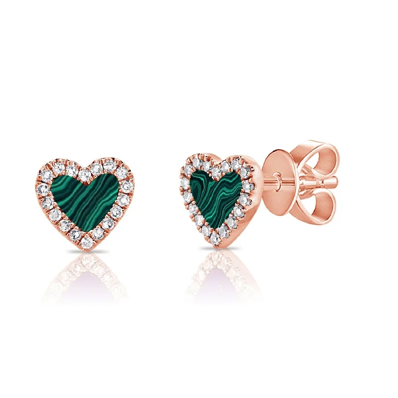 Joelle Heart Shaped Stud Earrings Green Malachite & Diamonds 14K Gold