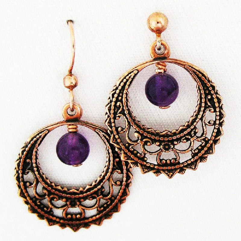 Copper Crescent Hoop Earrings ECD48A Amethyst Copper Drop Earrings