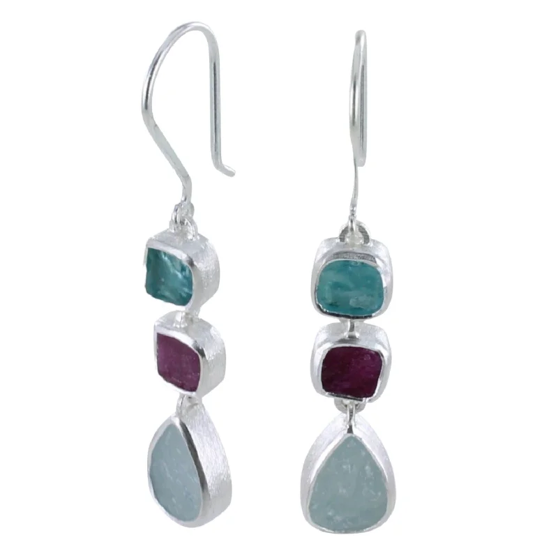 Rough Trio Stone Tear Drop Earrings in Sterling Silver