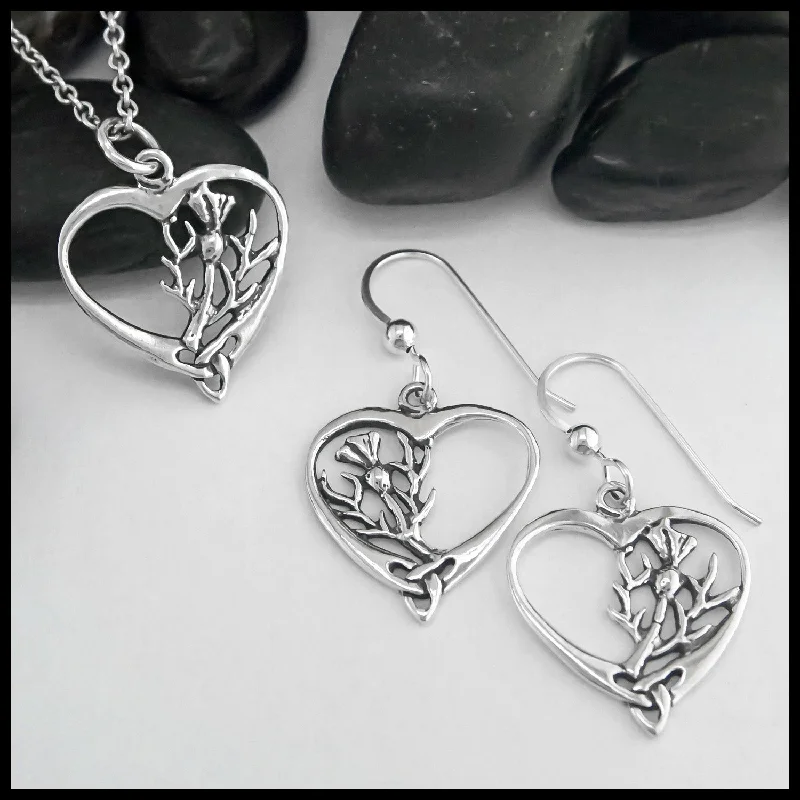 Scottish Thistle Celtic Heart Pendant and Earrings Set