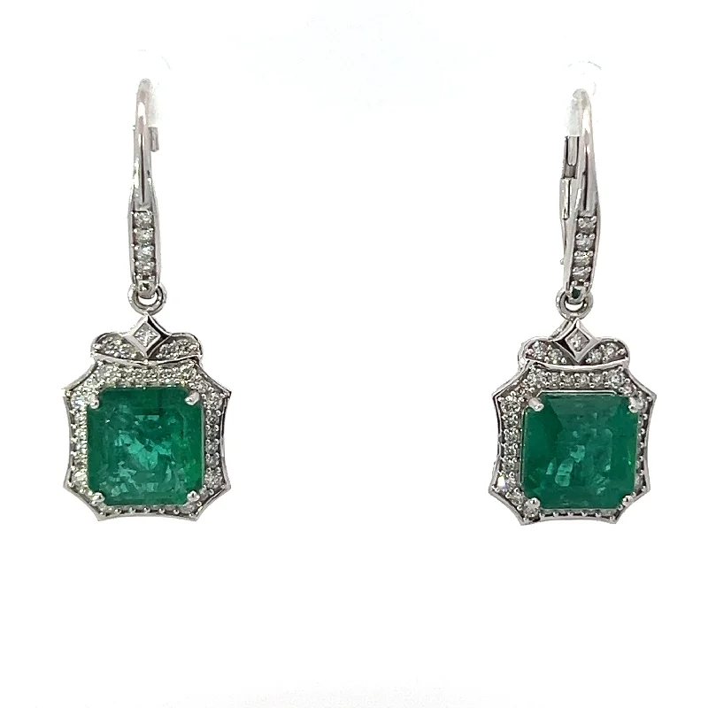 Modern 18kt White Gold 8.90ct Zambian Emerald+ .75cttw Diamond Earrings