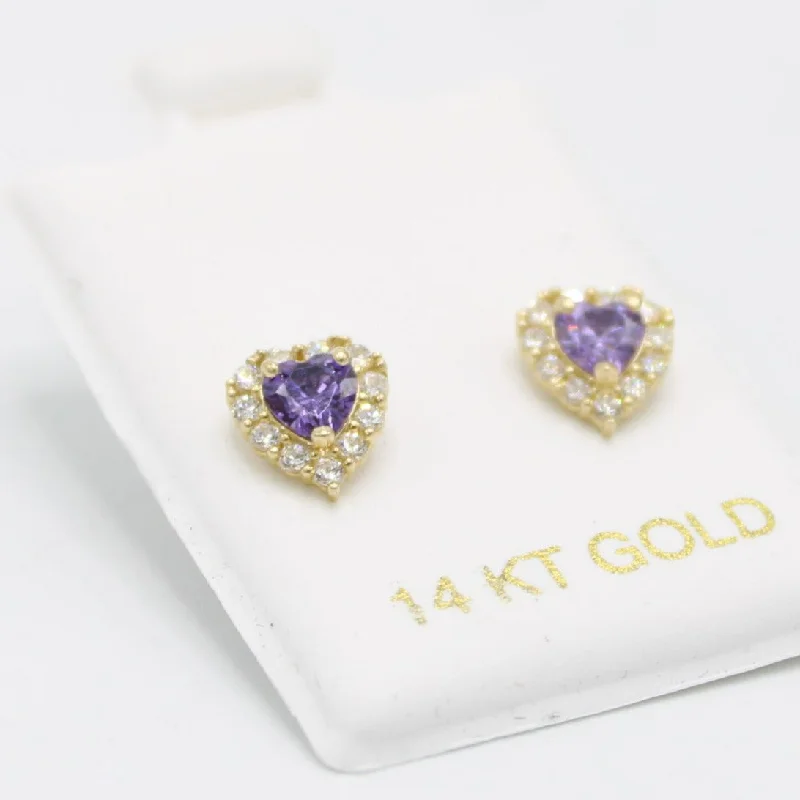 14K Heart❤️Baby Girl Earring Amethyst Gem (Birthstone February) Yellow Gold