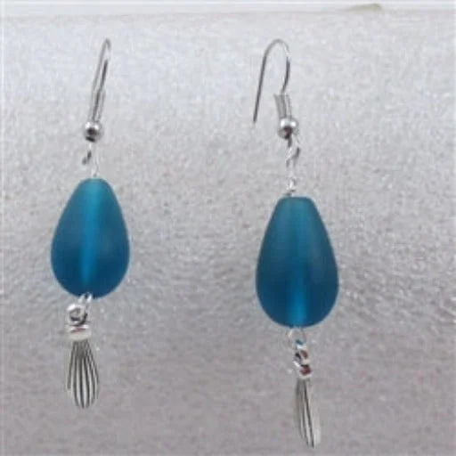 Turquoise Sea Glass Teardrop & Silver Charm Dangle  Earrings