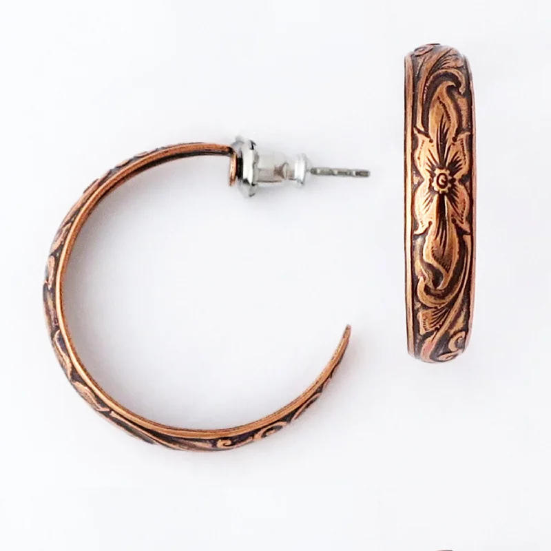 Floral Embossed Copper Hoop Earrings EC80 Solid Copper Jewelry Post Style Copper Hoop Earrings