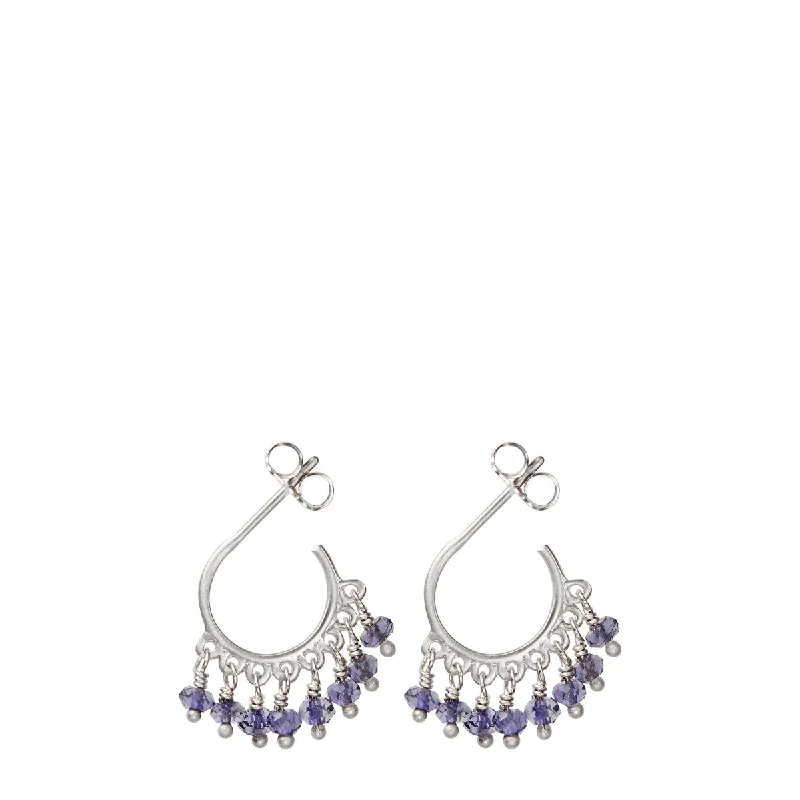 Sterling Silver Small Fine Iolite Beaded Hoop Earrings