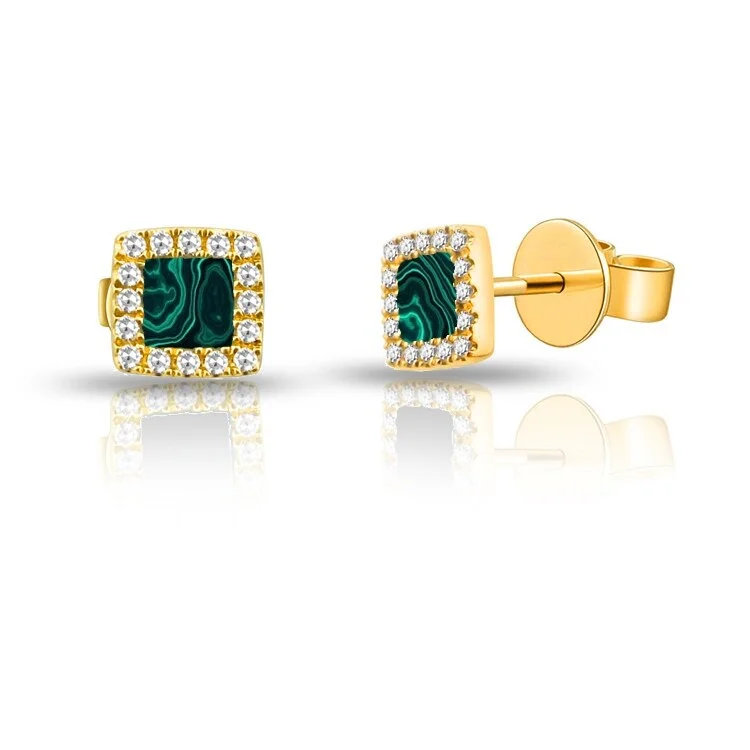 Joelle Square Shaped Stud Earrings Malachite & Diamonds 14K Gold