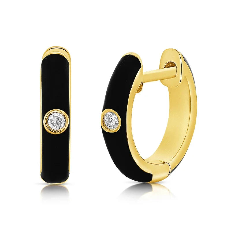 Joelle Diamond & Black Enamel Huggy Hoop Earrings 14K Gold