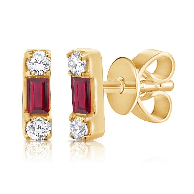 Joelle Diamond & Red Ruby Baguette Tiny Stud Earrings 14K Gold