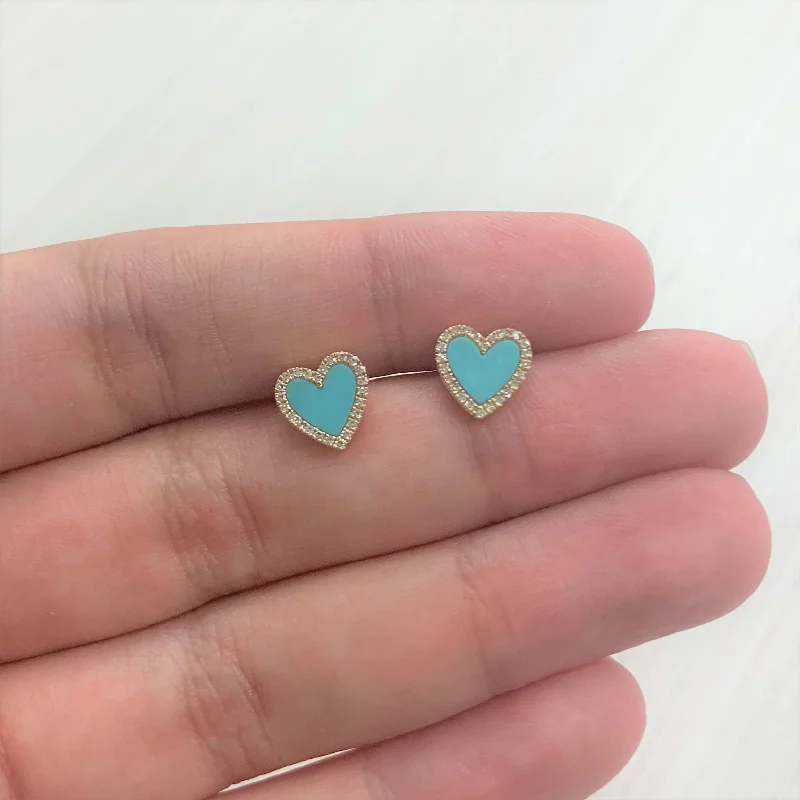 Joelle Heart Stud Earrings Turquoise & Diamonds 14K Yellow Gold Earring's