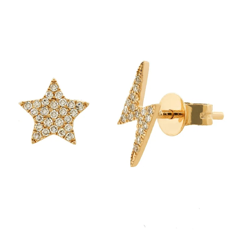 Joelle Lightning Bolt & Star Mismatched Diamond Earrings 14K Gold