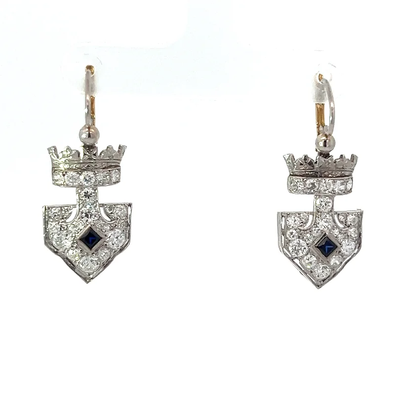 Art Deco Platinum & 14kt Yellow Gold 2.10cttw Diamond + .30cttw Sapphires Crown & Anchor Earrings