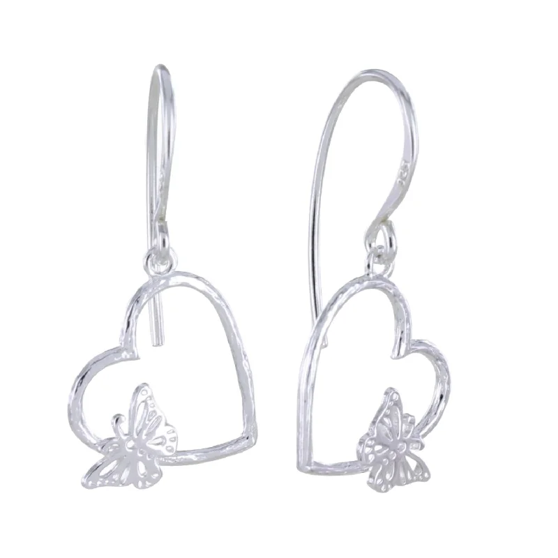 Butterfly in Heart Sterling Silver Drop Earrings