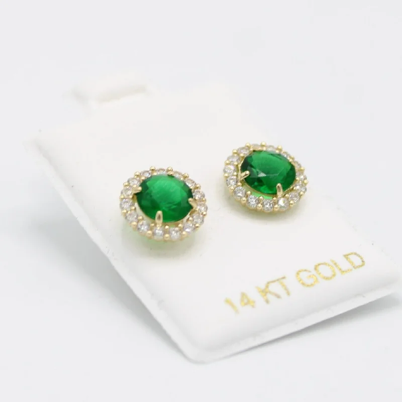 14K Baby Girl Earring Emerald Gem (Birthstone May) Yellow Gold