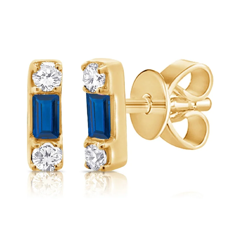 Joelle Diamond & Blue Sapphire Baguette Tiny Stud Earrings 14K Gold