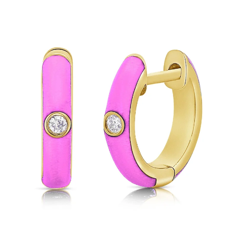 Joelle Diamond & Pink Enamel Huggy Hoop Earrings 14K Gold