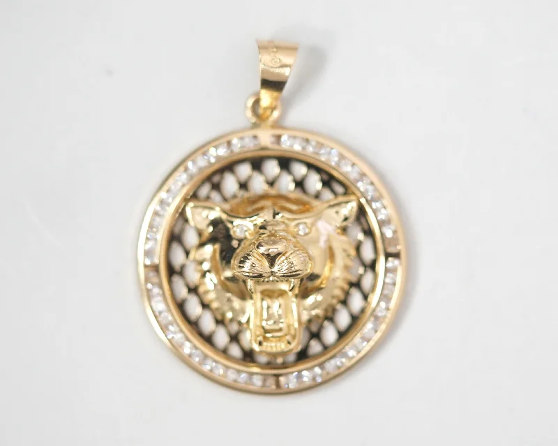 Tiger Head CZ Circle 14k Yellow Gold