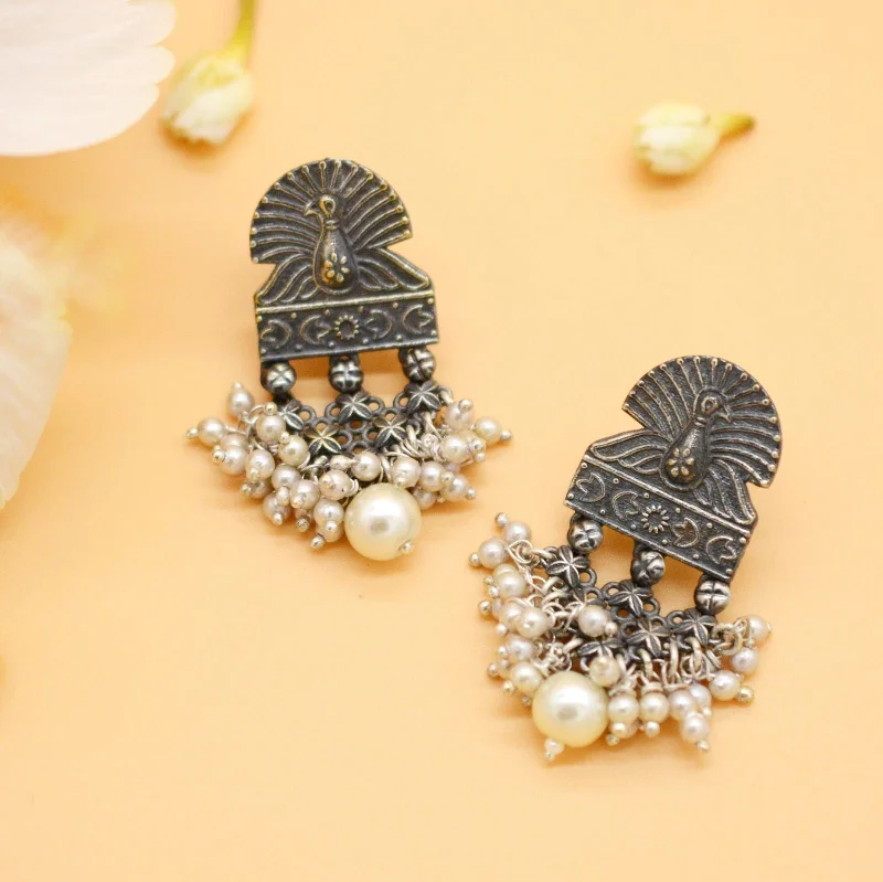 Antique Silver Peacock Pearl Earrings