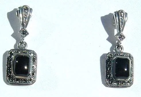 Art Deco Earrings Black Onyx Silver Marcasite