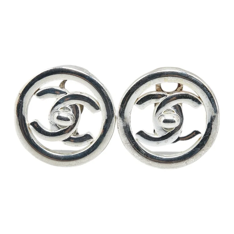 Chanel Vintage Coco Mark Turnlock Earrings Silver Metal