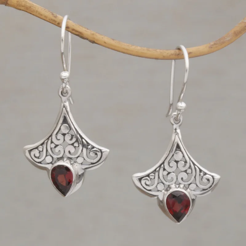 Crimson Crown Balinese Garnet and Sterling Silver Dangle Earrings