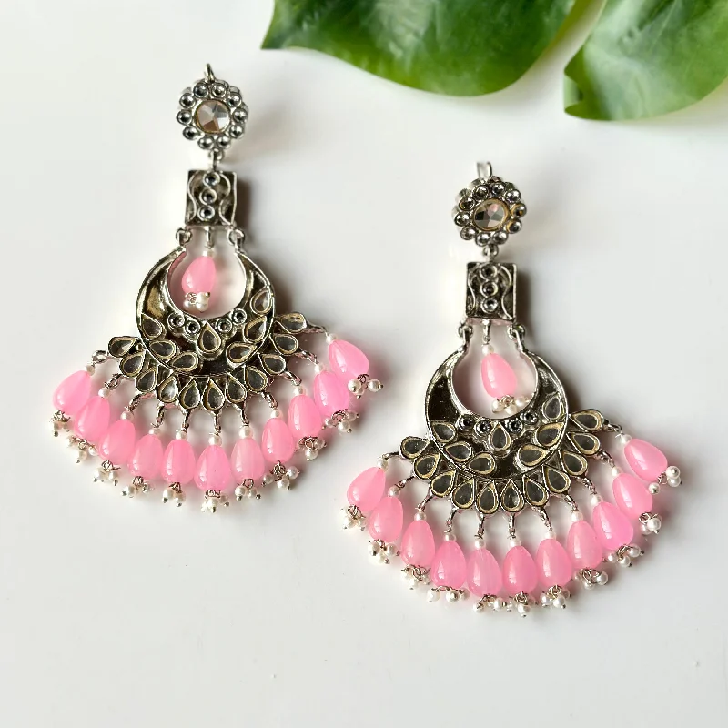 Farshi Kundan Earrings (Silver Baby Pink)