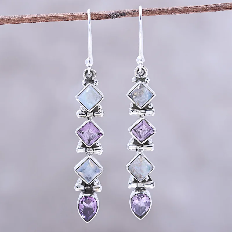 Gemstone Fusion Amethyst and Rainbow Moonstone Dangle Earrings from India