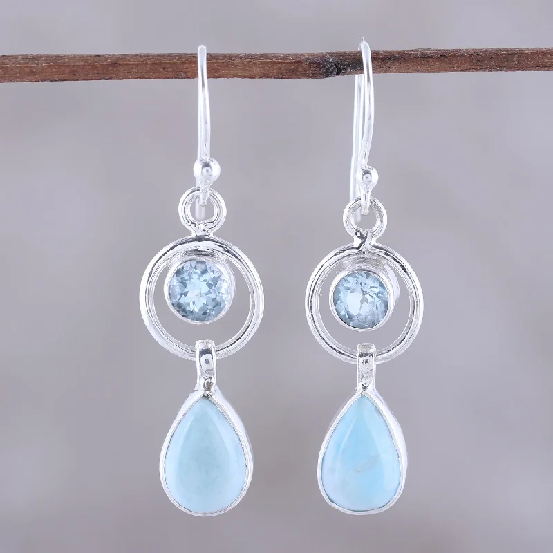 Gleaming Daylight Larimar and Blue Topaz Dangle Earrings from India