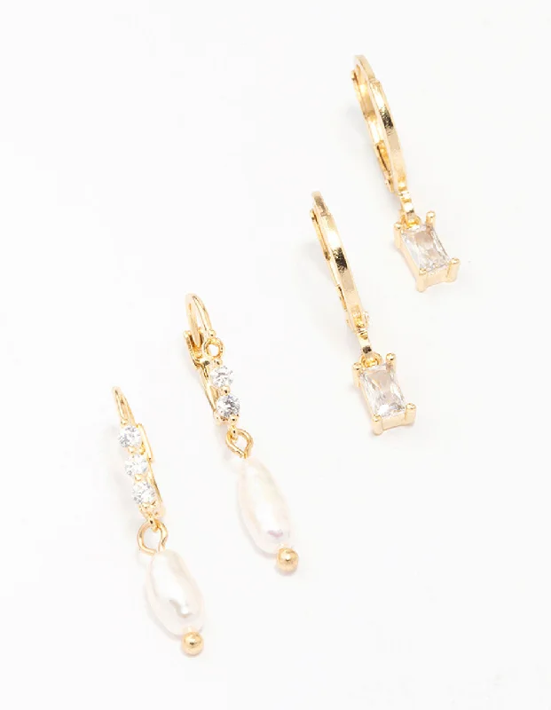 Gold Plated Baguette & Pearl Earring Pack