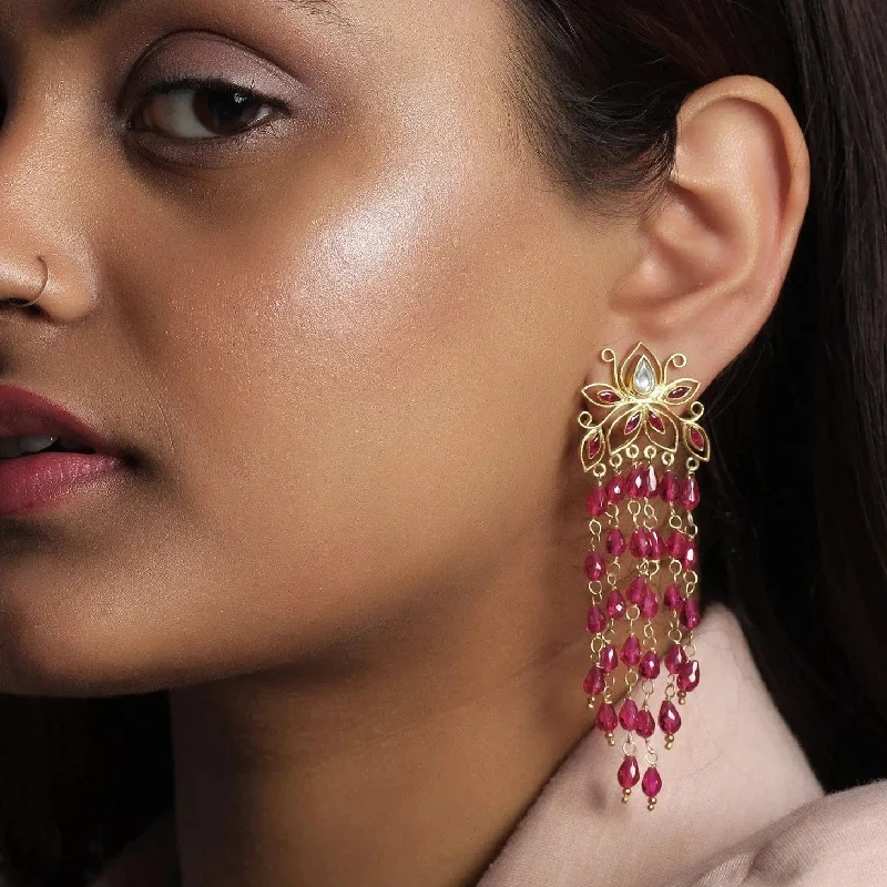 Gold Plated Beads Hanging Lotus Earrings