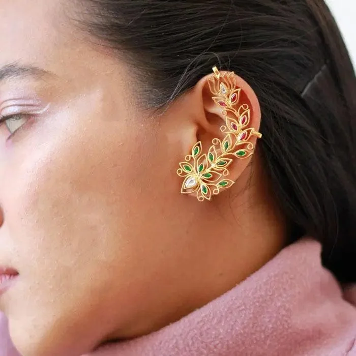 Gold Plated Lotus Kundan Earcuff