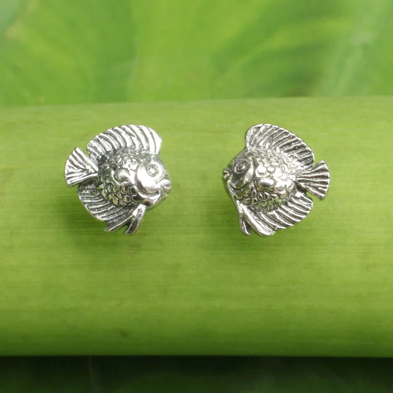 Happy Fish Small Fish Button Earrings in Sterling Silver