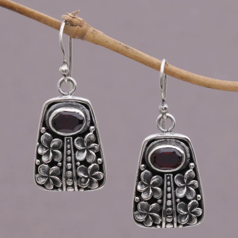 Jepun Pura Garnet and Sterling Silver Floral Dangle Earrings from Bali