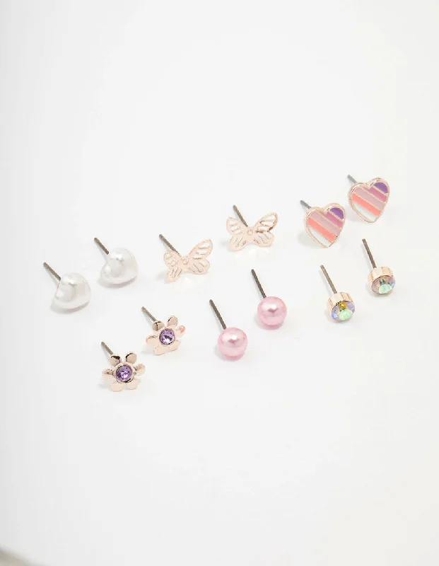 Kids Rose Gold Heart & Butterfly Stud Earring Pack