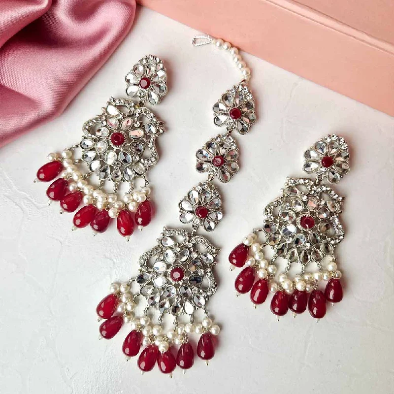 Kiran Earrings and Teeka Set Silver (Maroon)