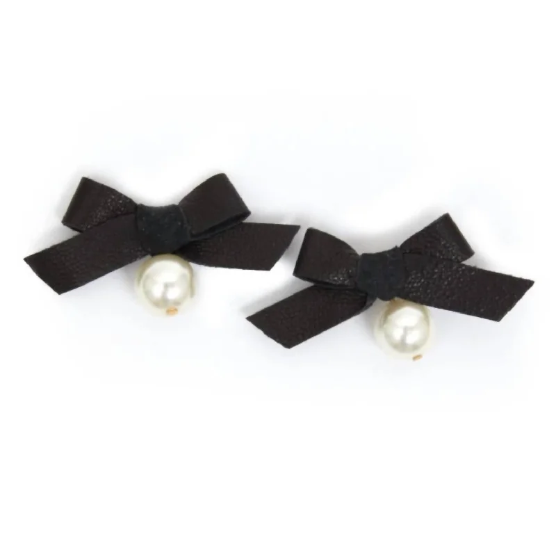 Leather Bow & Pearl Studs Earrings In Black And White