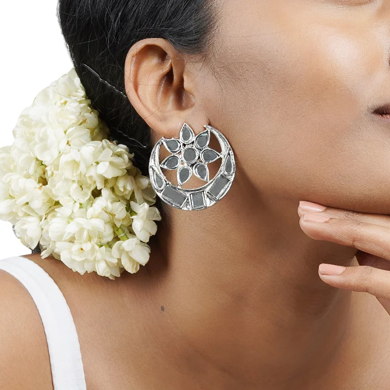 Manth Silver Oxidized Mirror Earrings