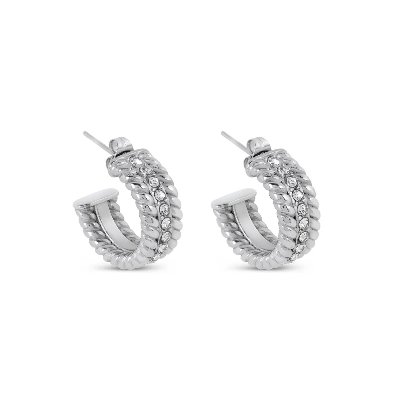 Curb Chain Stone Hoop Earrings - Silver