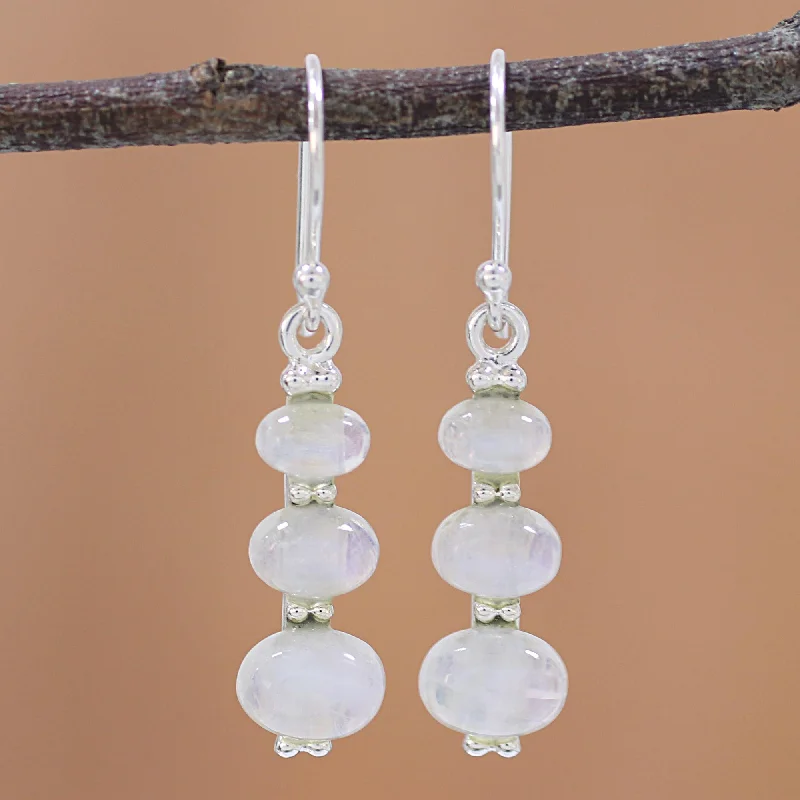 Natural Ellipses Rainbow Moonstone and 925 Silver Dangle Earrings from India