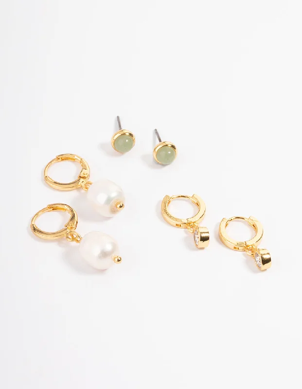 Gold Plated Green Aventurine Freshwater Pearl Cubic Zirconia Earring Pack