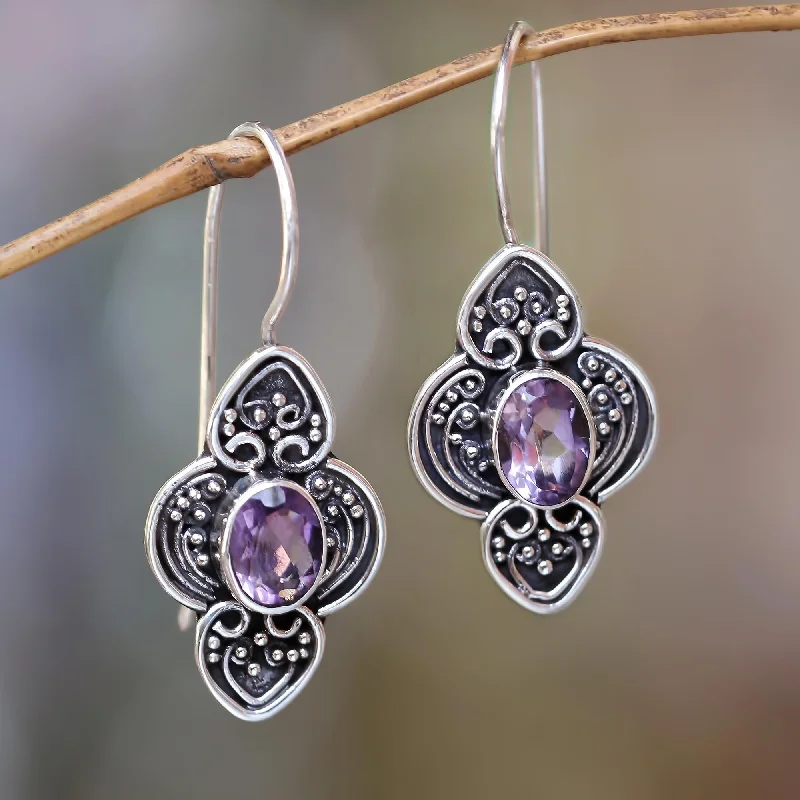 Purple Water Hyacinth Balinese Amethyst and Sterling Silver Dangle Earrings