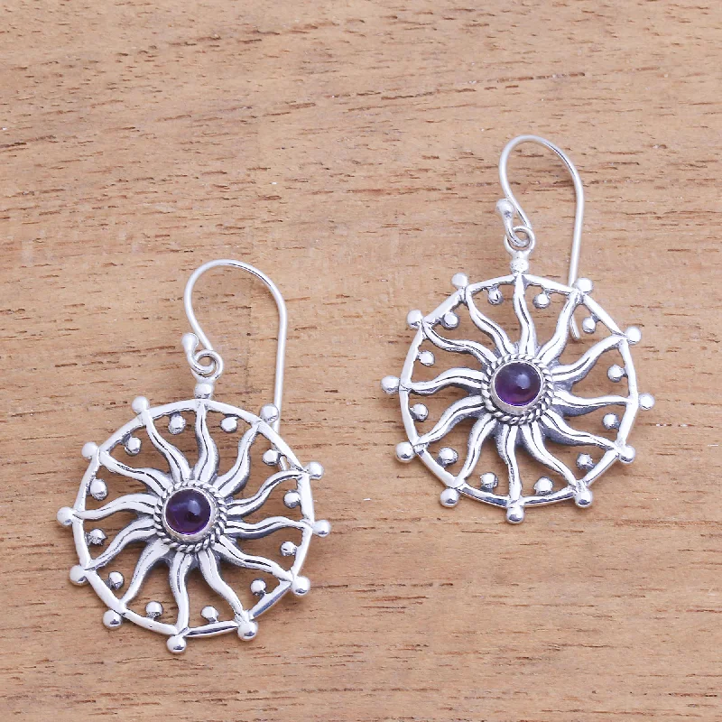 Regal Rays Sun Motif Amethyst Dangle Earrings from Bali